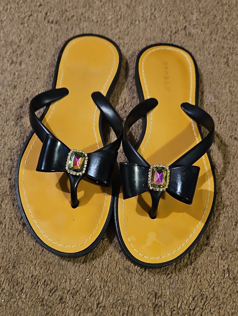Black Bow Gemstone Thong Sandals